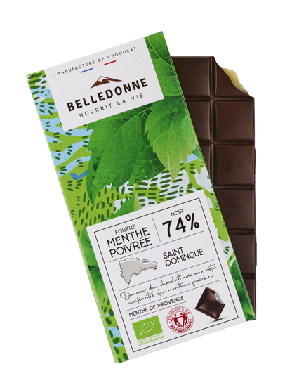 Belledonne -- Tablette fourrée - chocolat noir 74% menthe poivrée - 80 g